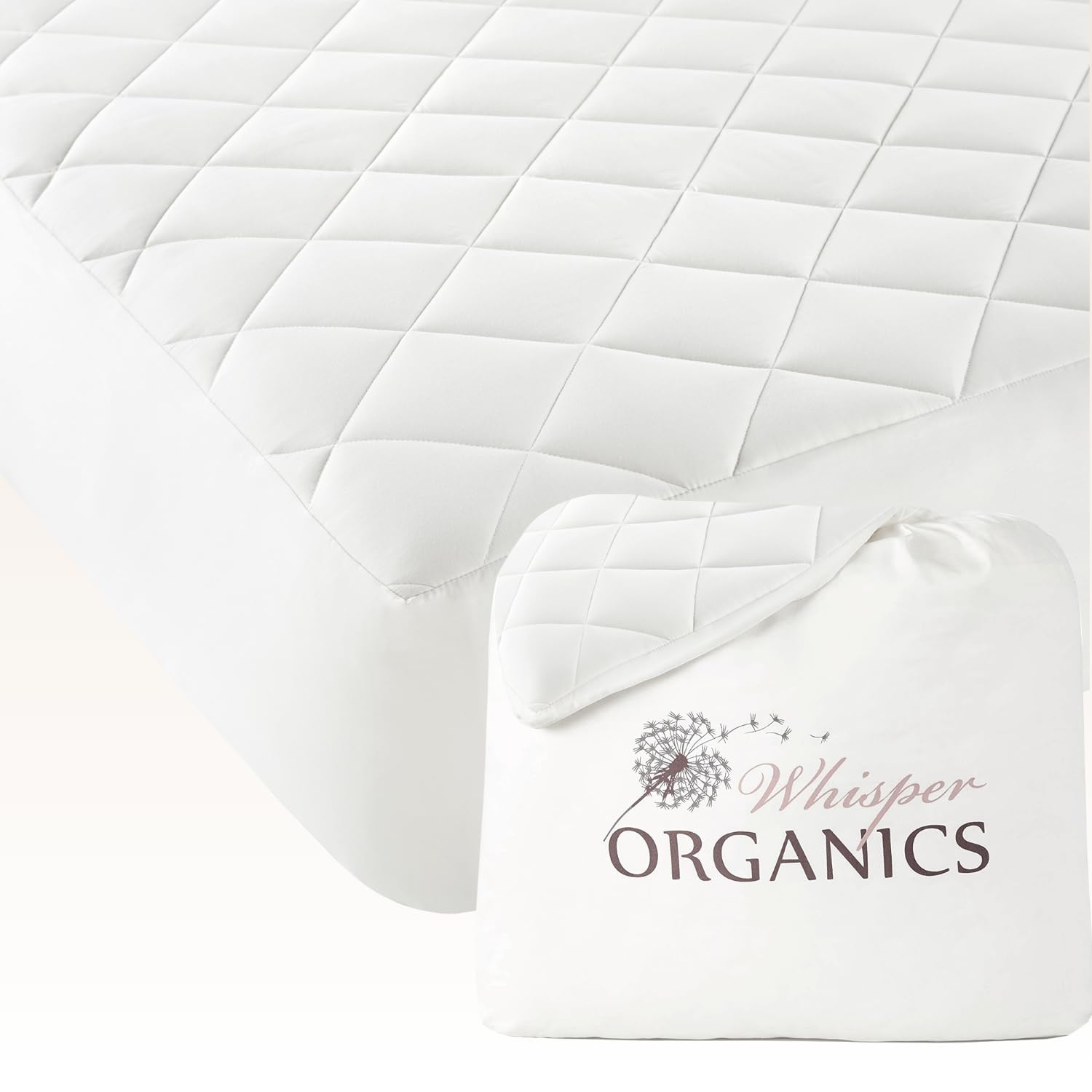 Whisper Organics Luxury Quilted Mattress Cover - Exquisite Softness, 100% Organic Cotton, 17-Inch Deep Pocket, King, Pure White
